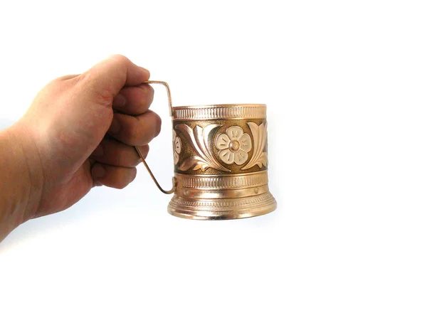 Tea Cup Glass Holder Metal Glass Holder Granyonyi Stakan Vintage — Stock Photo, Image