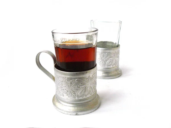 Teetasse Glashalter Metallglashalter Granyonyi Stakan Vintage Glashalter Weißer Hintergrund Close — Stockfoto