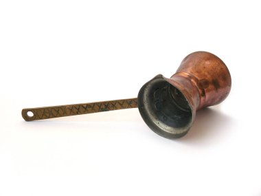 Coffee maker, Turk, Metal coffee maker, Copper coffee maker, Bronze on white, Close-up, White background, Vintage coffee maker, Old coffee maker, Soviet vintage, USSR, Antique coffee maker, Headstock stock image, Nostalgishop