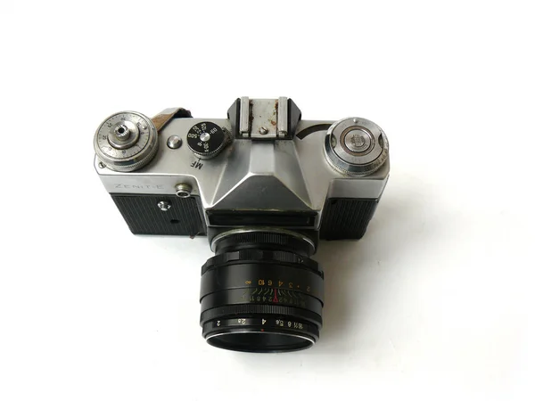 Máquina Fotográfica Câmera Vintage Câmera Antiga Câmera Preta Preto Sobre — Fotografia de Stock