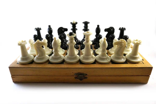 Chess, Chess pieces, Chess box, Wooden chess, Plastic chess, Old chess, Soviet vintage, USSR, White background, Close-up, headstock stock image, Nostalgishop