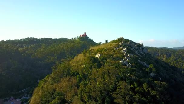 Luchtfoto Van Pena Paleis Benaderd Vanuit Het Kasteel Van Moren — Stockvideo