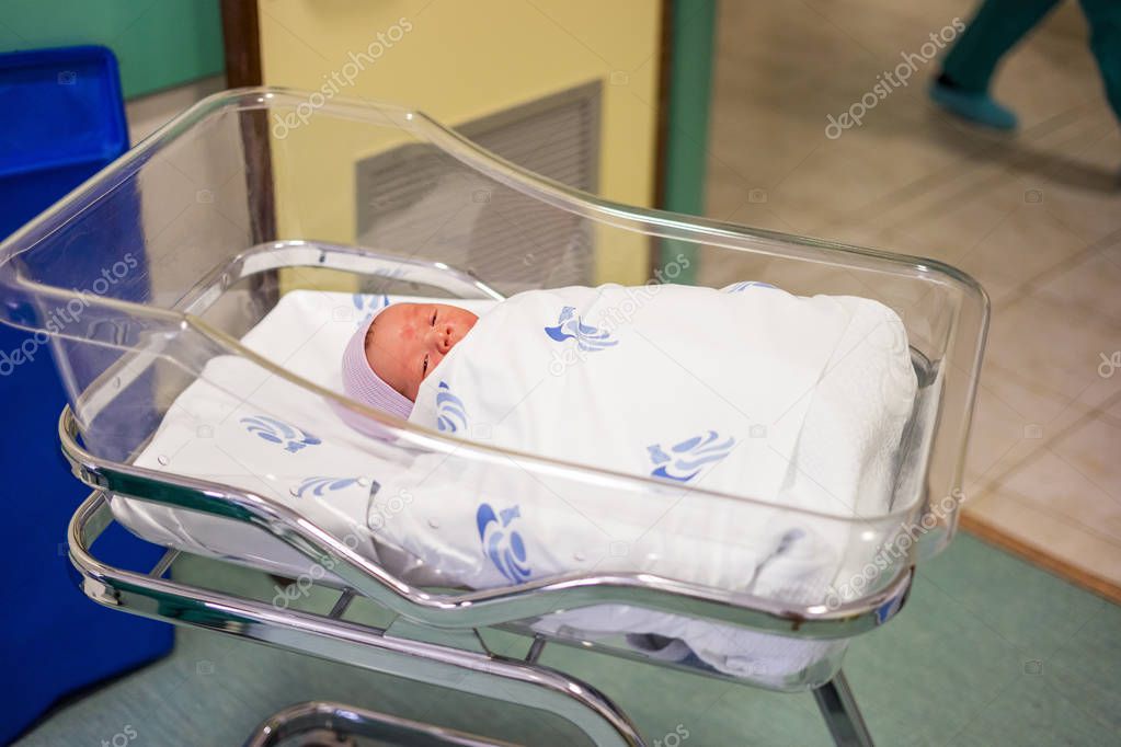 Newborn baby boy in his small plastic portable hospital bed