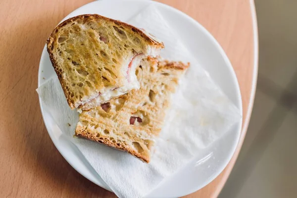 Home Made Toast Cheese Ham Already Bitten — Stock Photo, Image