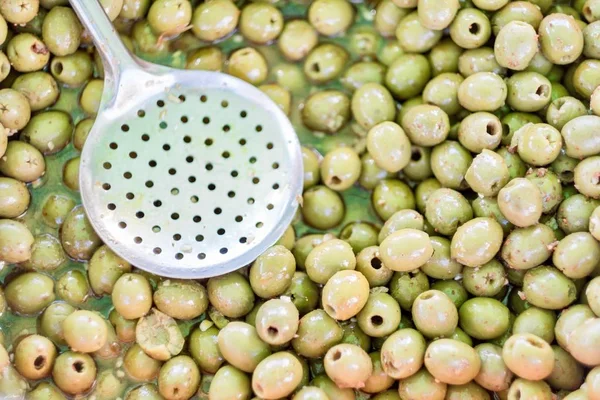 Seasoned Green Olives Sold Open Air Market — Stock Photo, Image
