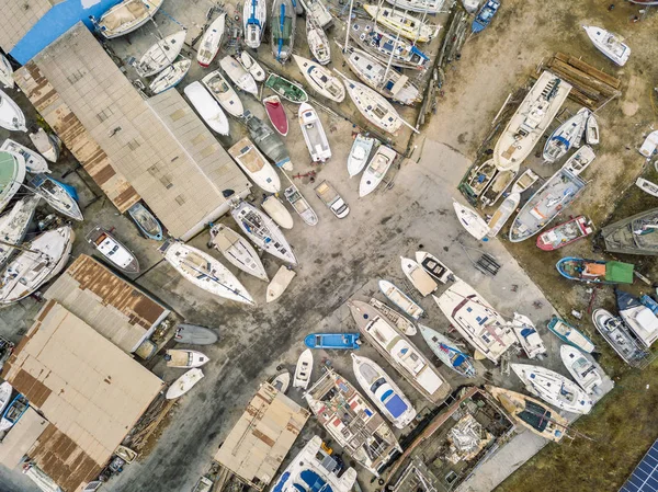 Vista Aérea Diques Secos Astilleros Con Muchos Barcos Olhao Portugal — Foto de Stock