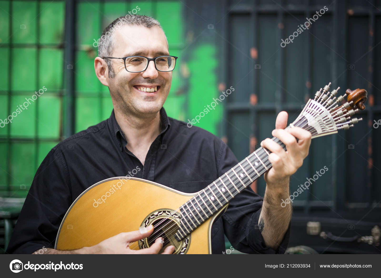 Musician His Beloved Portuguese Guitar Street Lisbon Portugal Stock