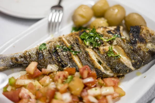 Traditional portuguese grilled golden fish served with potatoes and tomato salad