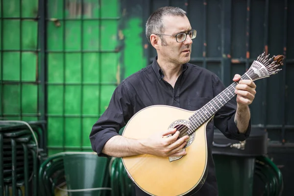 Musician His Beloved Portuguese Guitar Street Lisbon Portugal — Stock Photo, Image