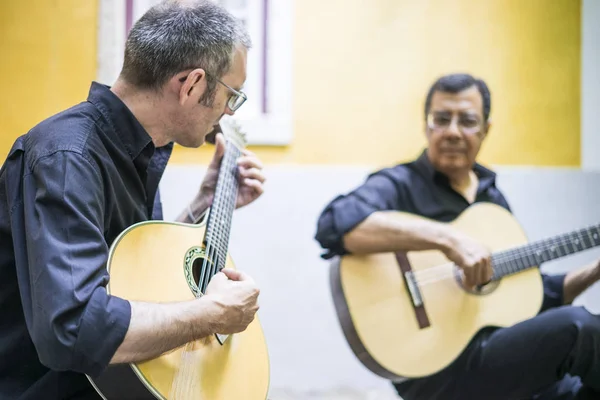 Two Fado Guitarists Acoustic Portuguese Guitars Alfama Lisbon Portugal — Stock Photo, Image