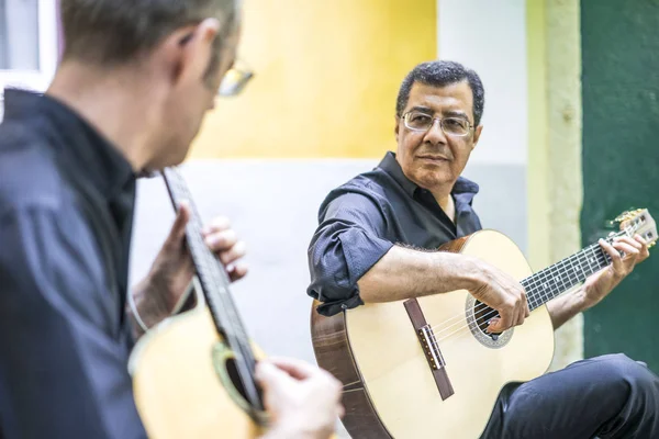 Two Fado Guitarists Acoustic Portuguese Guitars Alfama Lisbon Portugal — Stock Photo, Image