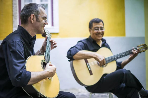 Two Fado Guitarists Acoustic Portuguese Guitars Alfama Lisbon Portugal — Stock Photo, Image