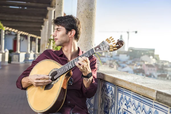 Fado Musician Playing Unique Portuguese Guitar Alfama Lisbon Portugal — Stock Photo, Image