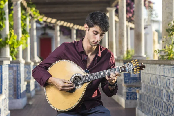 Fado Musician Playing Portuguese Guitar Pergola Alfama Lisbon Portugal — Stock Photo, Image