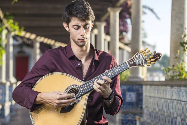 Fado Musician Playing Portuguese Guitar Pergola Alfama Lisbon Portugal — Stock Photo, Image