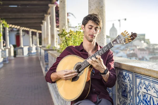 Fado Musician Playing Unique Portuguese Guitar Alfama Lisbon Portugal Royalty Free Stock Photos