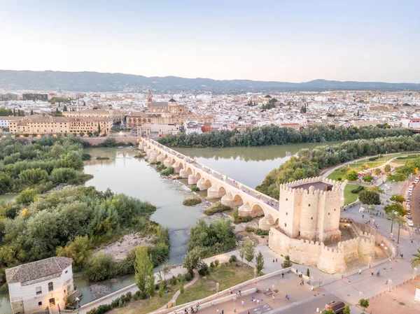 Luchtfoto Van Beroemde Romeinse Brug Moskee Kathedraal Van Cordoba Andalusie — Stockfoto