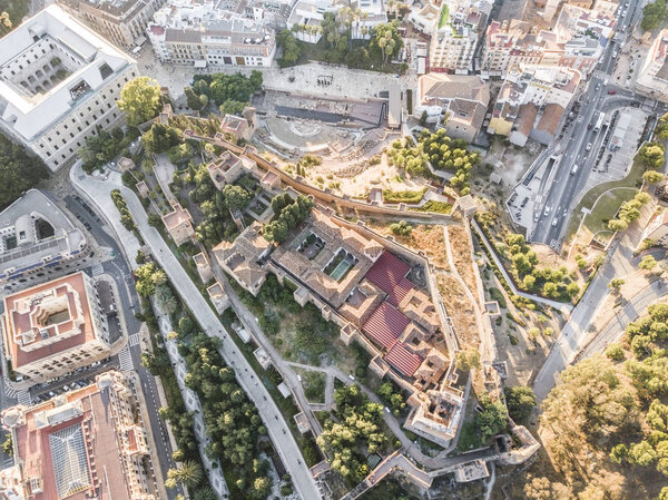 Aerial view of Malaga landmarks - castle and roman theatre