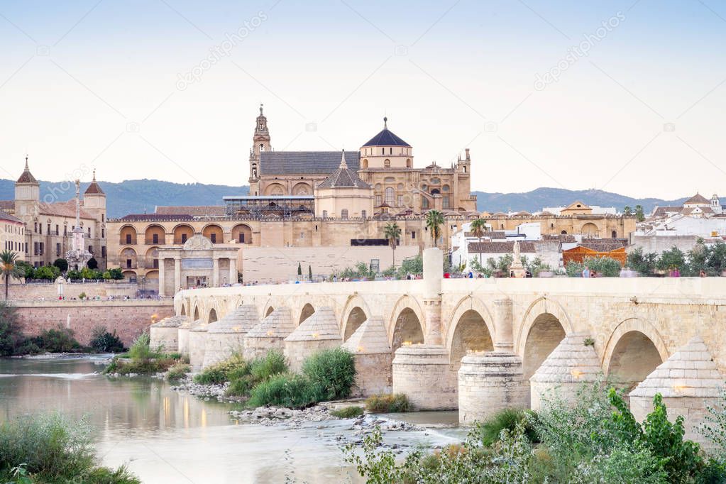 Roman bridge and cathedral - mosque as landmarks of Cordoba, Andalusia, Spain