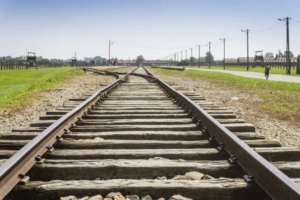 Ferroviária Que Leva Entrada Principal Campo Concentração Auschwitz Birkenau Museu — Fotografia de Stock