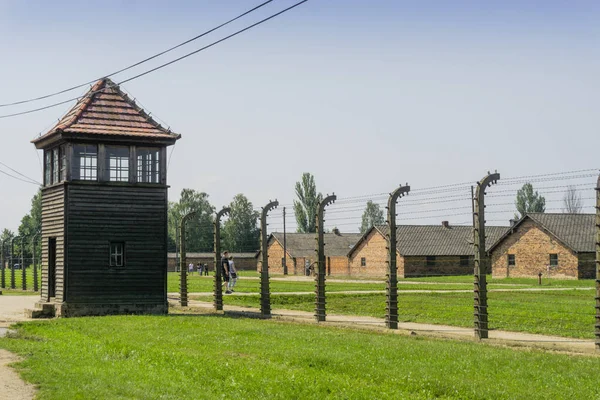 Fence Watchtower Surrounding Residential Buildings Auschwitz Birkenau Concentration Camp Used — Stock Photo, Image