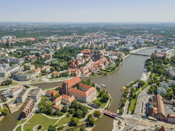 Flygfoto Över Den Äldsta Historiska Delen Wroclaw Ligger Mestadels Öarna — Stockfoto