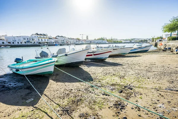 Nombreux bateaux de pêcheurs amarrés dans le centre de Tavira, Portugal — Photo