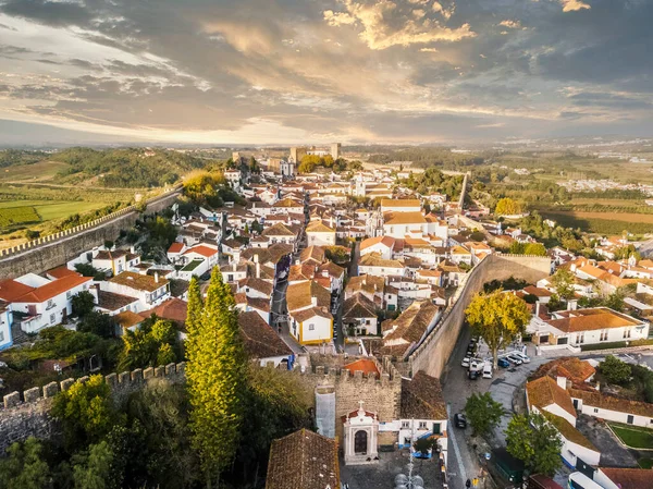 Tiro Aéreo Óbidos Com Muralhas Históricas Castelo Distrito Leiria Portugal — Fotografia de Stock