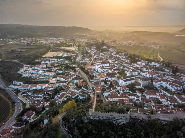 Flygfotografering Obidos Med Historiska Murar Och Slott Leiria Portugal — Stockfoto