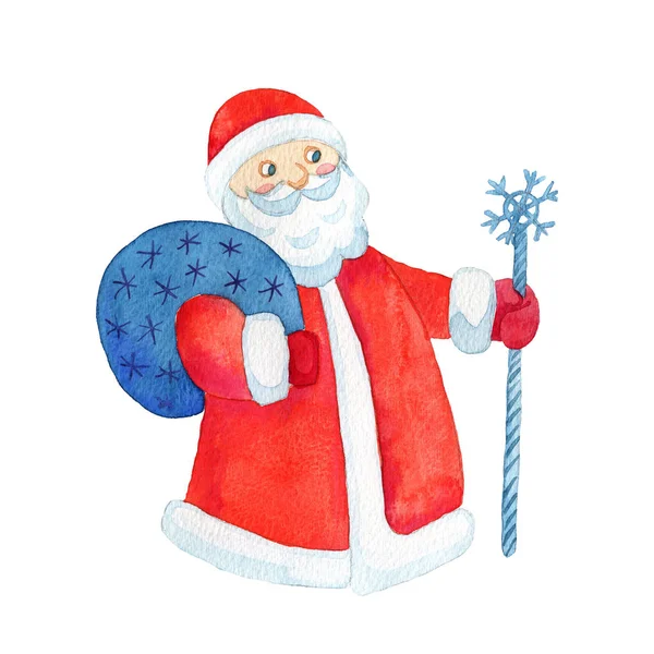 Watercolor illustration Santa Claus with bag of Christmas gifts — Stock Photo, Image