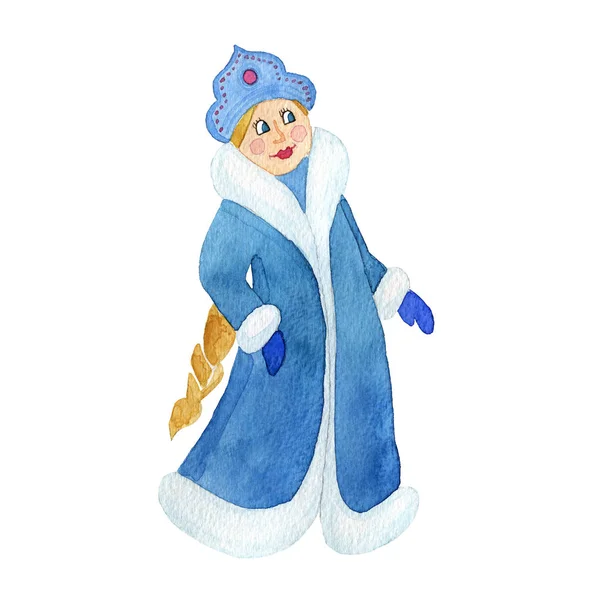 La doncella de nieve de acuarela, Snegurochka - el carácter tradicional ruso de Año Nuevo sobre el fondo blanco. Ilustración de Navidad — Foto de Stock