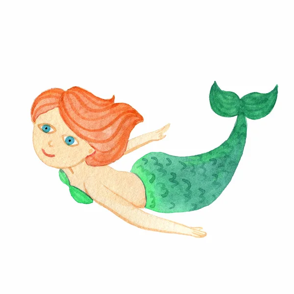 Watercolor illustration of a beautiful mermaid with floating hair and green tail — Stock Photo, Image