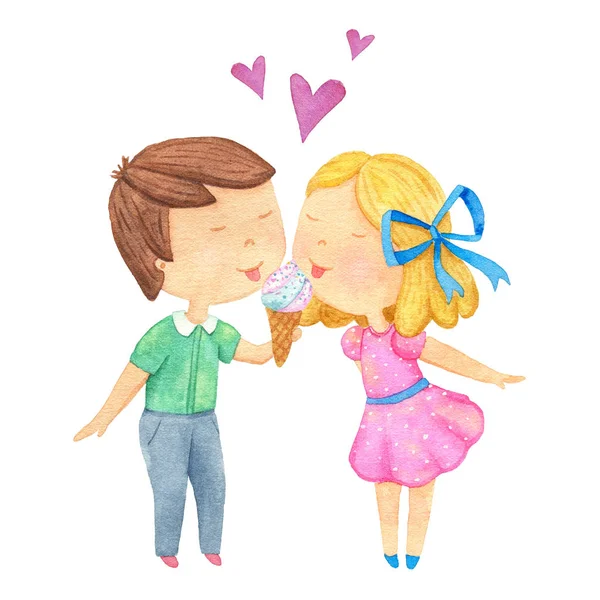 Jungen und Mädchen essen Eis. Liebe. Aquarellillustration. — Stockfoto