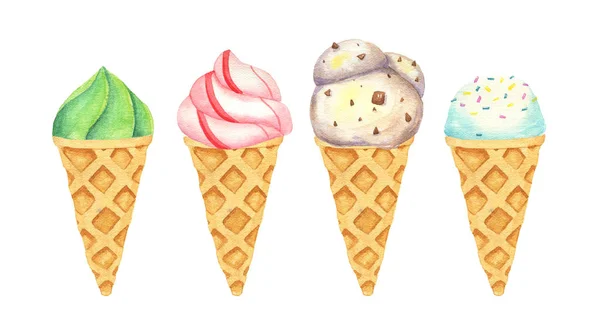 Watercolor isolated illustration of ice cream cones — Stock Photo, Image