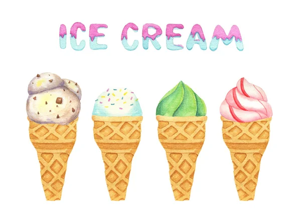 Watercolor isolated illustration of ice cream cones. lottering — Stock Photo, Image