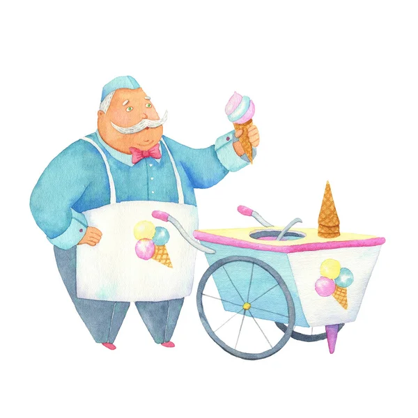 Ice cream seller with a cart. watercolor illustration. — Stock Photo, Image