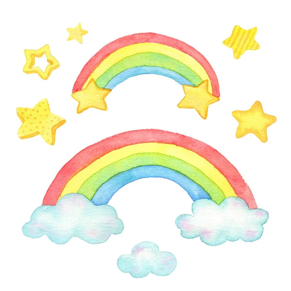 Acuarela arco iris, nubes y estrellas. Para diseño, impresión o fondo . — Foto de Stock