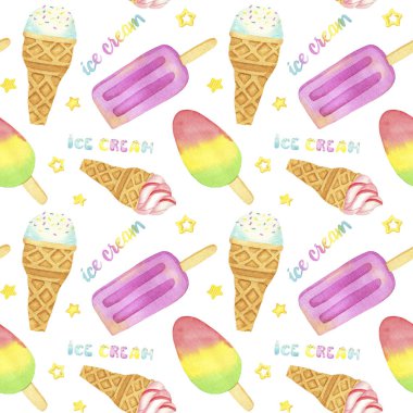 Beyaz arka planda suluboya dondurma. Yaz tatlısı. Dikişsiz büyük desen.