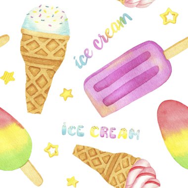 Beyaz arka planda suluboya dondurma. Yaz tatlısı. Dikişsiz desen.