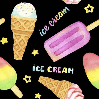 Siyah arka planda suluboya dondurma. Yaz tatlısı. Dikişsiz desen.