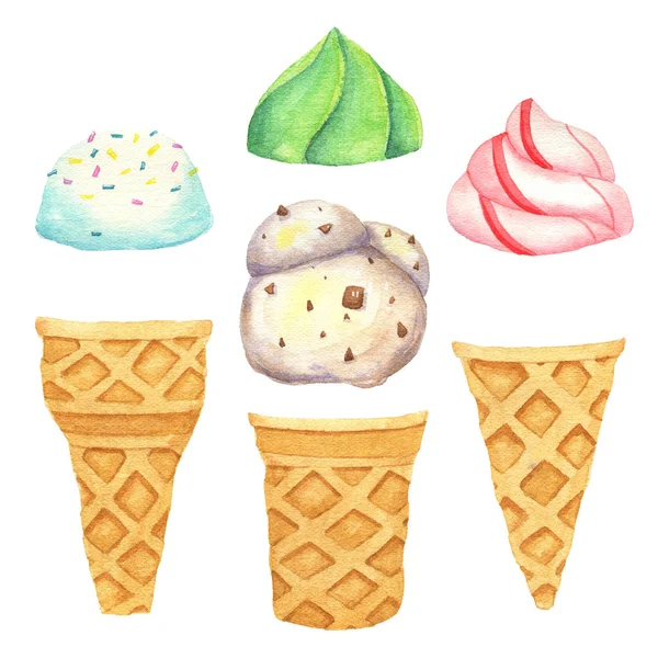 Set di gelato all'acquerello disegnato a mano. Illustrazione ad acquerello per menu ristorante. Cartone animato, isolato. Creare un gelato. Vaniglia, bianco, rosa, blu, verde — Foto Stock
