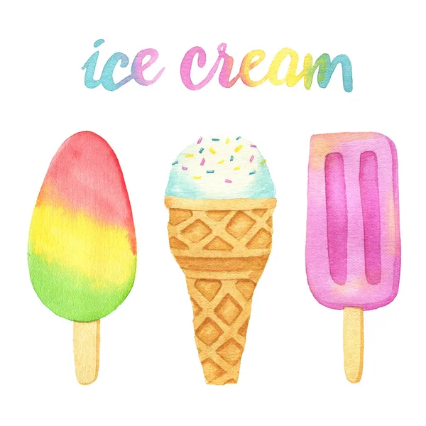 Coleção de sorvete de sorvete alegre com frutas e cone de waffle, ilustração no estilo aquarela vintage . — Fotografia de Stock
