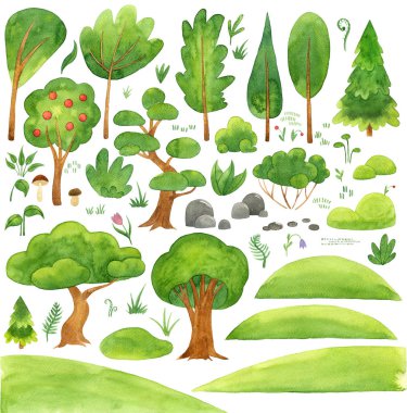 Big design set with trees, nature and garden items, flowers, hummock, stone, hill. Vintage country background with summer landscape, watercolor isolated illustration with clip arts clipart