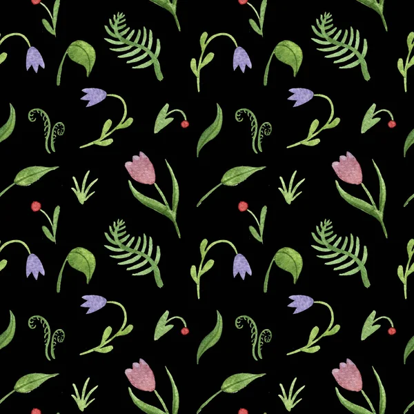 Delikat akvarell sömlösa mönster med växter, löv och blommor. svart bakgrund — Stockfoto