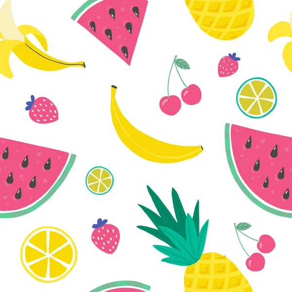 Vector tropical fruit background with pineapple, watermelon, watermelon, cherry, strawberry, banana, lemon, orange. Summer exotic fruit seamless pattern. vector handdraw illustration. — Stock Vector