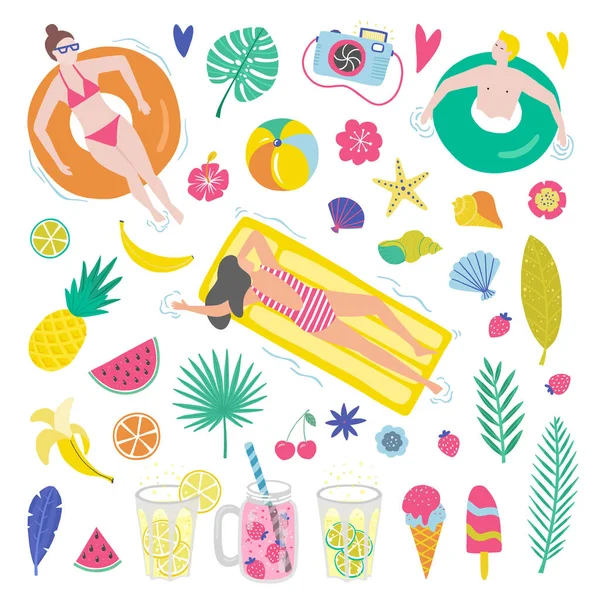 Conjunto de ícones bonitos de verão: alimentos, bebidas, folhas de palma, frutas e pessoas nadando. Cartaz de verão brilhante. Elementos de coleção para festa na praia. Ilustração de desenho de mão vetorial . —  Vetores de Stock