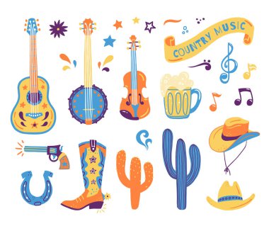 Vektör el kartpostal veya ülke müzik festivali için festival afiş için çizilmiş kavram. Gitar, kaktüsler, silah, at nalı, şapka ve çizme ile bir dizi Wild West illüstrasyon