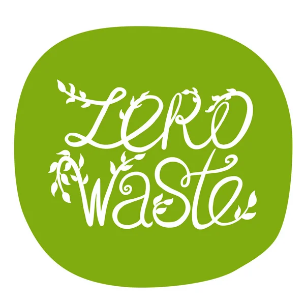 Zero odpadów ręcznie napisany napis tytuł z liśćmi. Koncepcja gospodarki odpadami odizolowana ilustracja wektora na zielonym tle koła. — Wektor stockowy