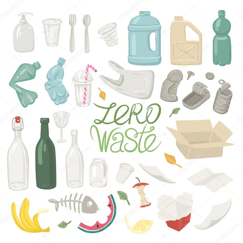 Garbage sorting: food waste, glass, metal and paper, plastic, organic, paper Vector Illustration zero waste