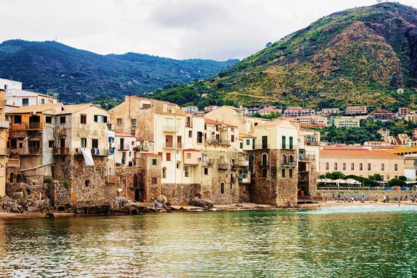 Hermosa Playa Casco Antiguo Cefalu Región Palermo Isla Sicilia Italia — Foto de Stock